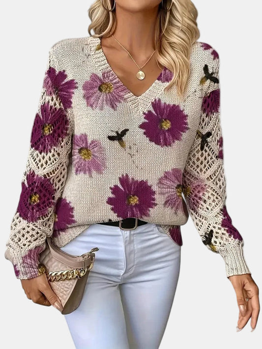 Comfortable Floral Crochet Sweater for Women with V Neck Long Sleeve Relaxed Oversized Knit Style