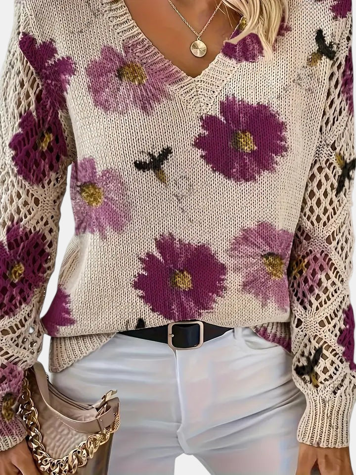 Comfortable Floral Crochet Sweater for Women with V Neck Long Sleeve Relaxed Oversized Knit Style