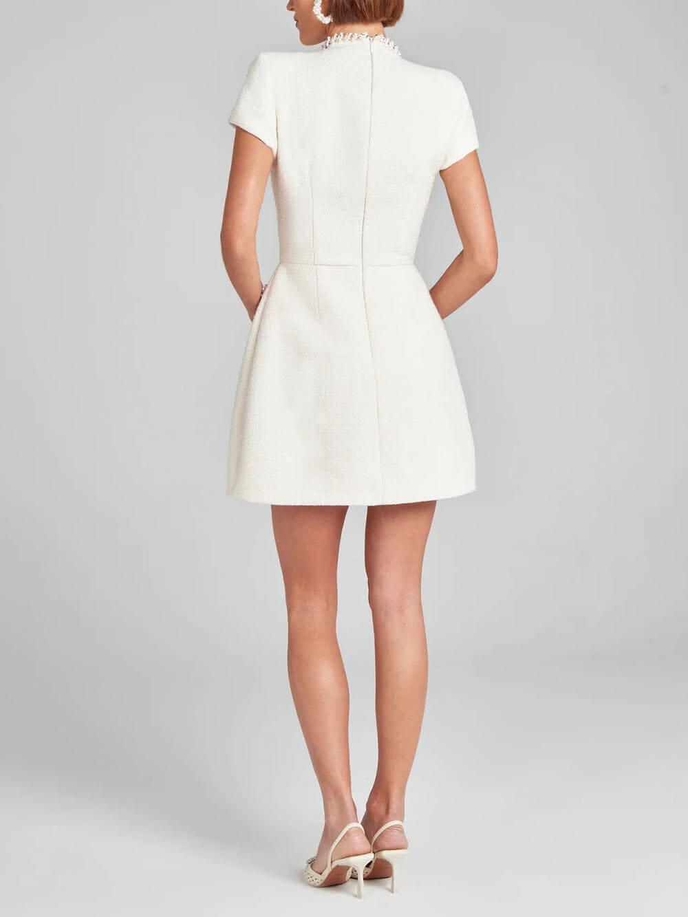 Elegant Tweed Mini Dress for Women with Mock Neck Cap Sleeve Pearl Trim Cocktail Style