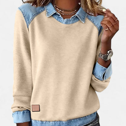 Effortless Denim Trim Sweatshirt for Women with Collar Long Sleeve Raglan Colorblock Casual Style