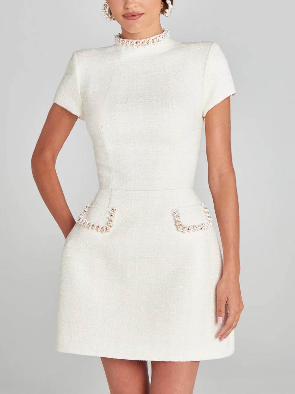 Elegant Tweed Mini Dress for Women with Mock Neck Cap Sleeve Pearl Trim Cocktail Style