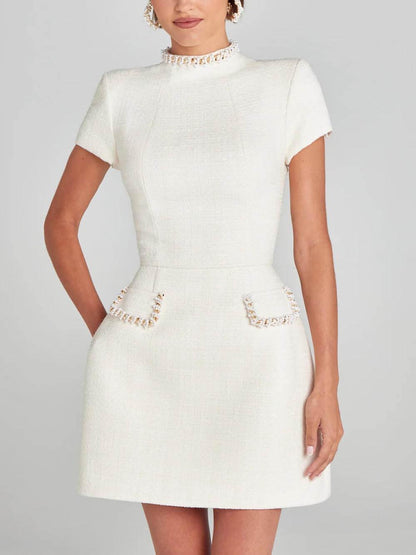 Elegant Tweed Mini Dress for Women with Mock Neck Cap Sleeve Pearl Trim Cocktail Style