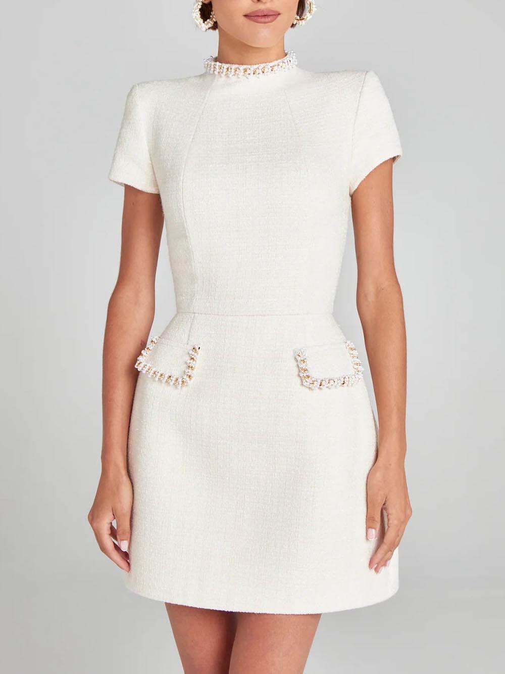 Elegant Tweed Mini Dress for Women with Mock Neck Cap Sleeve Pearl Trim Cocktail Style