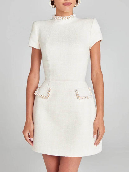 Elegant Tweed Mini Dress for Women with Mock Neck Cap Sleeve Pearl Trim Cocktail Style