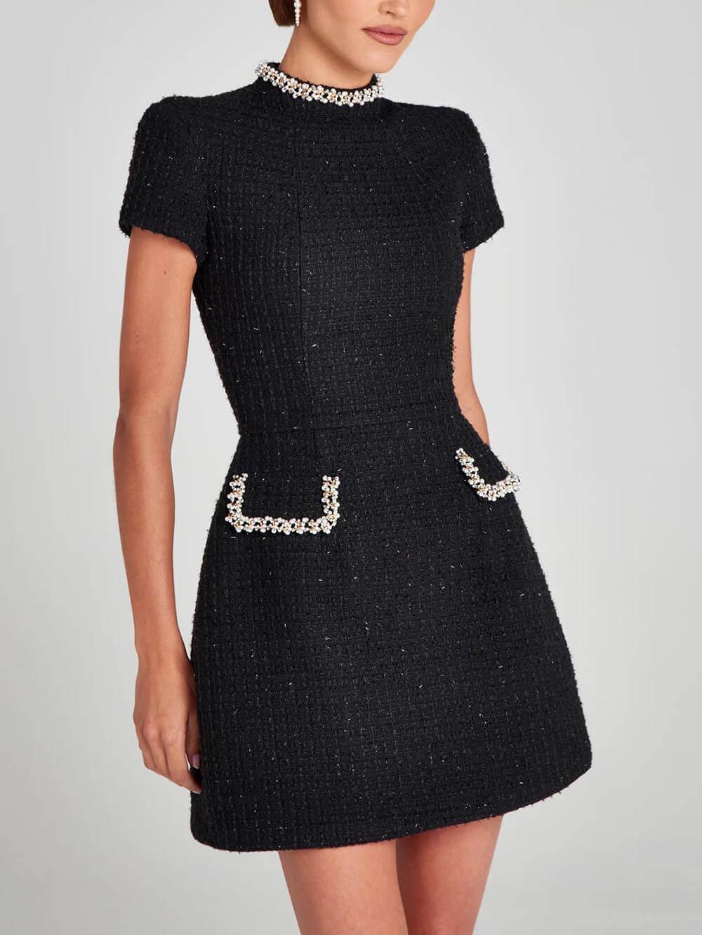Elegant Tweed Mini Dress for Women with Mock Neck Cap Sleeve Pearl Trim Cocktail Style