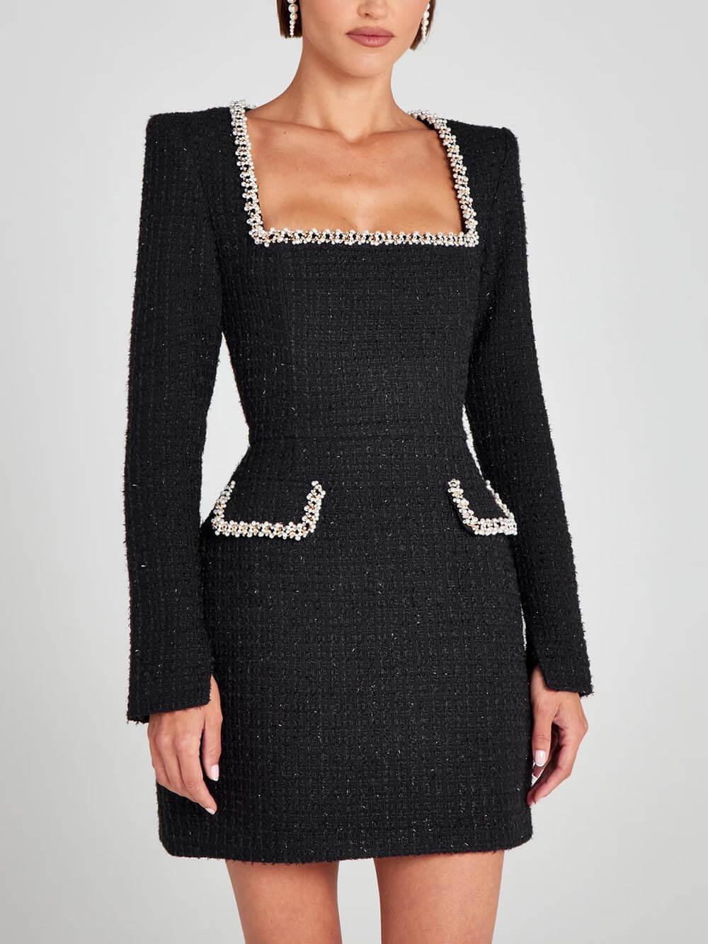 Elegant Tweed Mini Dress for Women with Mock Neck Cap Sleeve Pearl Trim Cocktail Style
