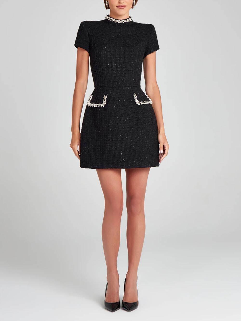 Elegant Tweed Mini Dress for Women with Mock Neck Cap Sleeve Pearl Trim Cocktail Style