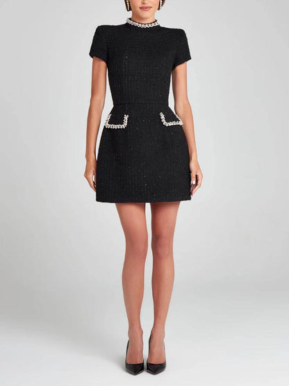Elegant Tweed Mini Dress for Women with Mock Neck Cap Sleeve Pearl Trim Cocktail Style