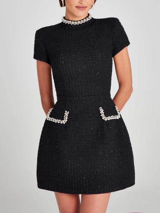 Elegant Tweed Mini Dress for Women with Mock Neck Cap Sleeve Pearl Trim Cocktail Style