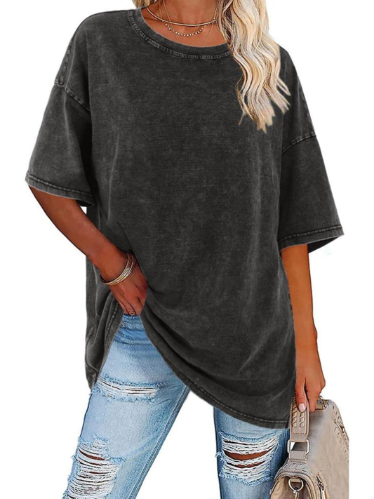 Comfortable Washed Tunic Top for Women with Crew Neck Half Sleeve Oversized Relaxed Casual Style