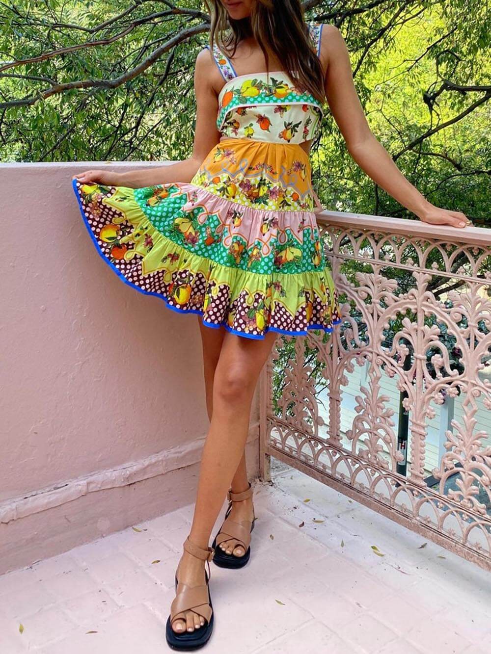 Effortless Multicolor Fruit Print Mini Dress for Women with Square Neck Sleeveless Cutout Tiered Bohemian Style