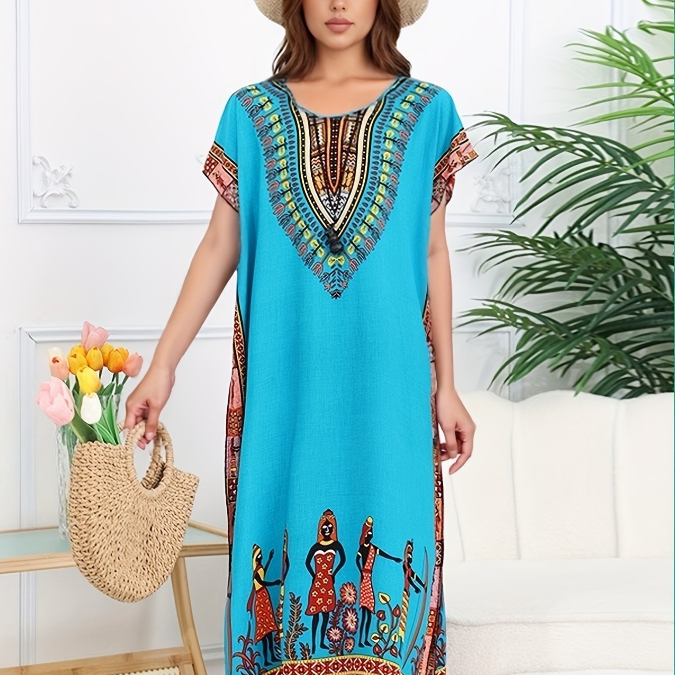 Effortless Tribal Print Kaftan Maxi Dress for Women with V Neck Short Sleeve Flowing Bohemian Style