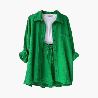 Effortless Textured Cotton Two Piece Set for Women with Collared Long Sleeve Button Front Drawstring Shorts Relaxed Style