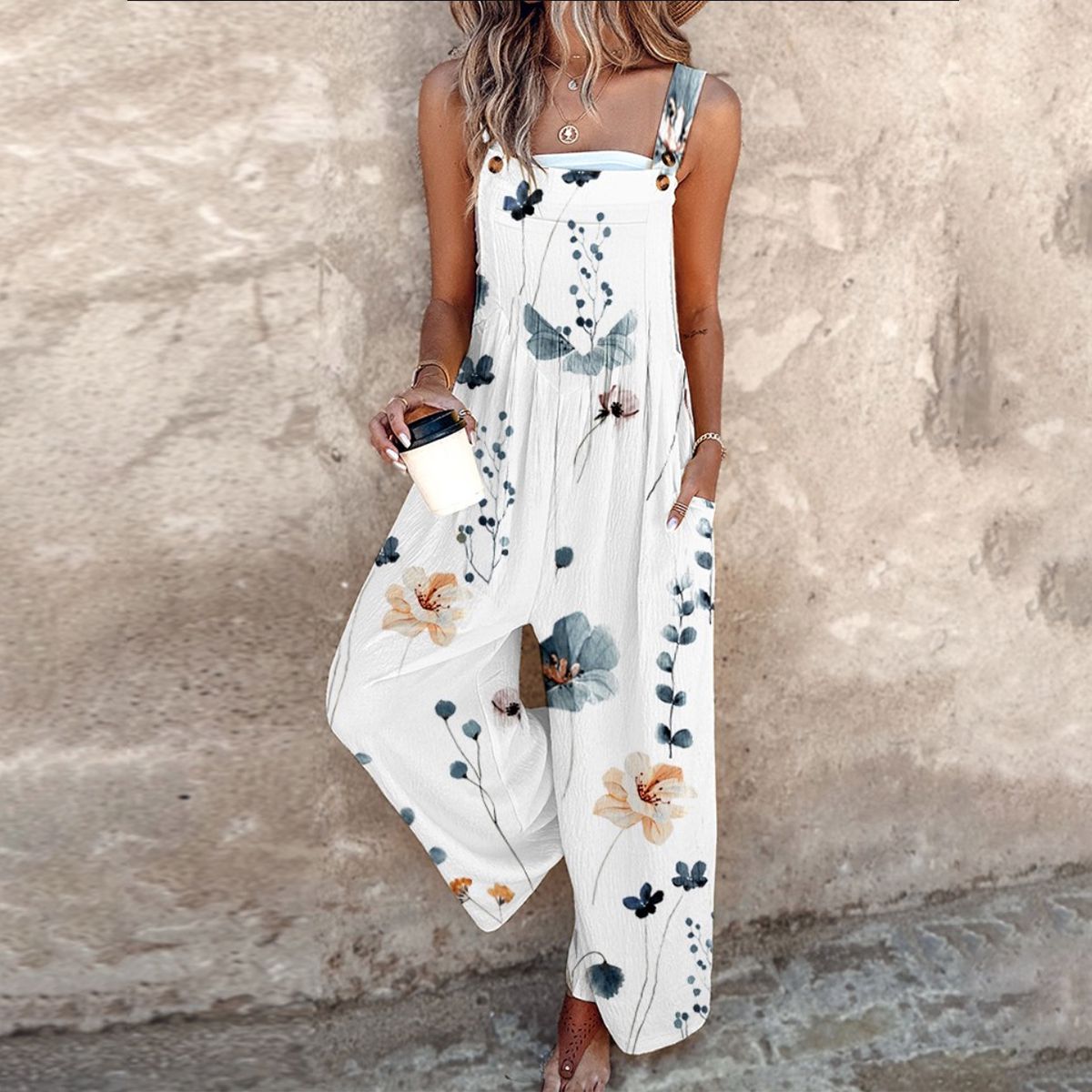 Effortless Floral Wide Leg Jumpsuit for Women with Square Neck Sleeveless Button Front Relaxed Bohemian Style