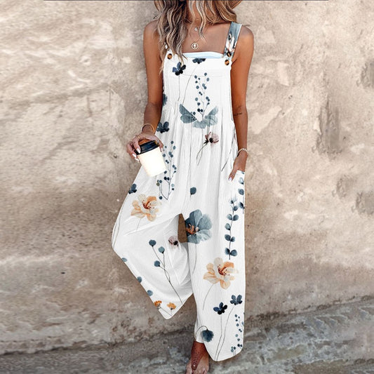 Effortless Floral Wide Leg Jumpsuit for Women with Square Neck Sleeveless Button Front Relaxed Bohemian Style