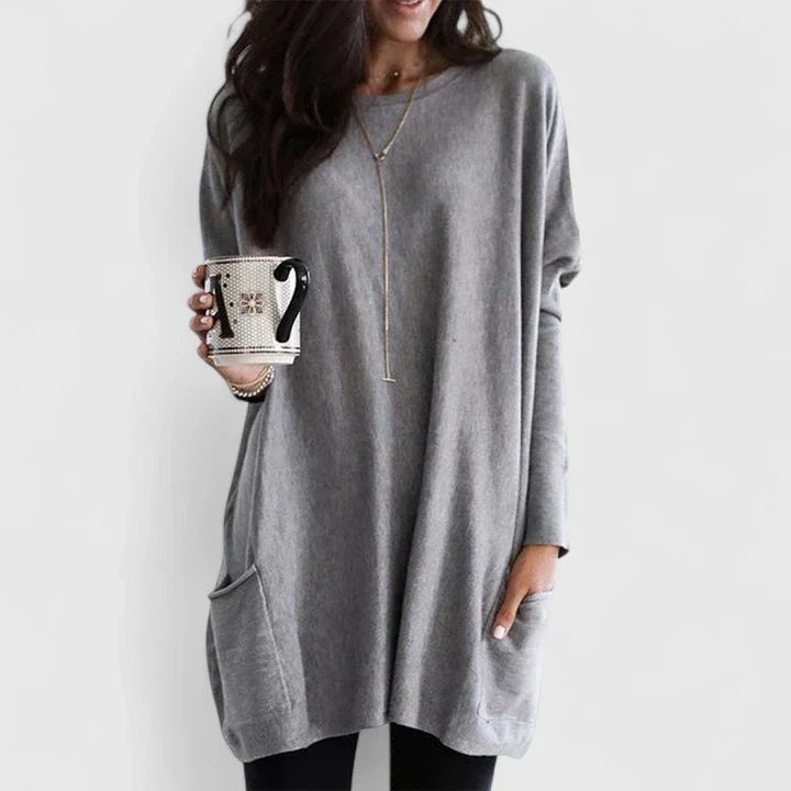 Comfortable Oversized Tunic Top for Women with Round Neck Long Sleeve Relaxed Pocket Casual Style