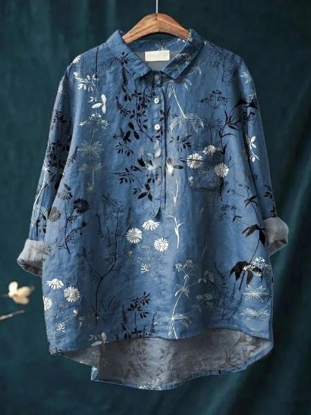 Effortless Floral Print Blouse for Women with Collar Long Sleeve Button Front Relaxed Curved Hem Style