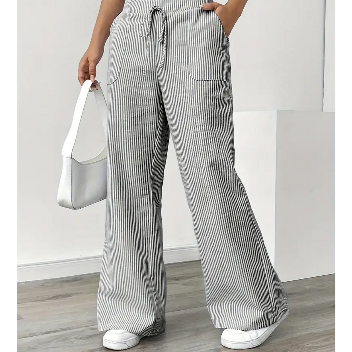 Effortless Striped Linen Wide Leg Pants for Women with High Waist Drawstring Relaxed Flowing Casual Style