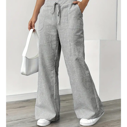 Effortless Striped Linen Wide Leg Pants for Women with High Waist Drawstring Relaxed Flowing Casual Style