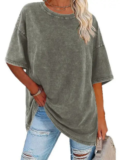 Comfortable Washed Tunic Top for Women with Crew Neck Half Sleeve Oversized Relaxed Casual Style