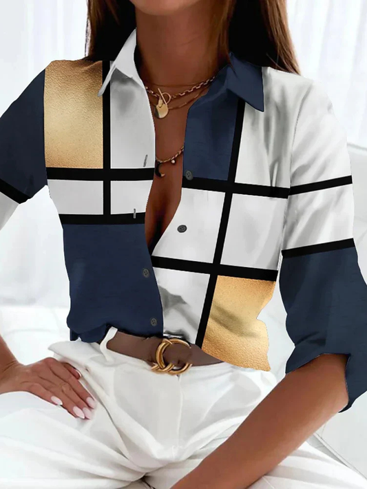 Effortless Colorblock Print Blouse for Women with Collar Elbow Sleeve Button Front Relaxed Style