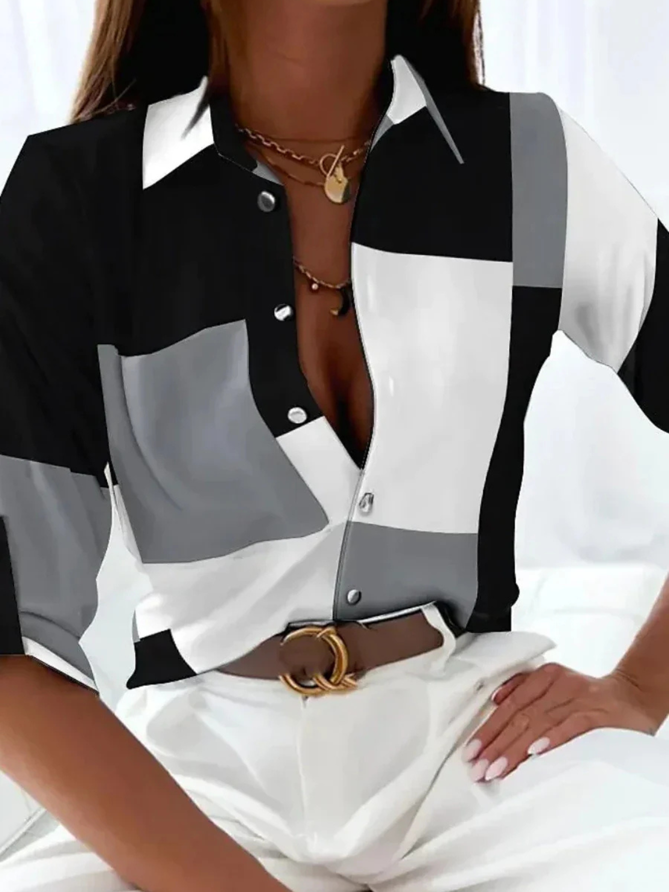 Effortless Colorblock Print Blouse for Women with Collar Elbow Sleeve Button Front Relaxed Style
