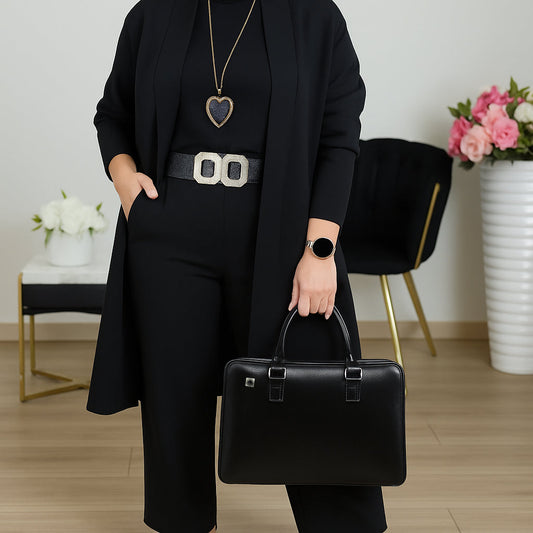 Elegant Wide Leg Three Piece Set for Women with Open Front Long Cardigan Relaxed Formal Style