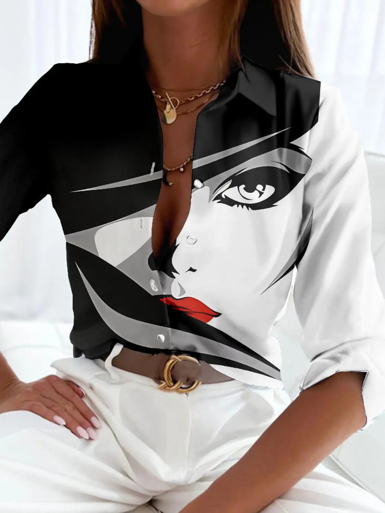 Effortless Colorblock Print Blouse for Women with Collar Elbow Sleeve Button Front Relaxed Style