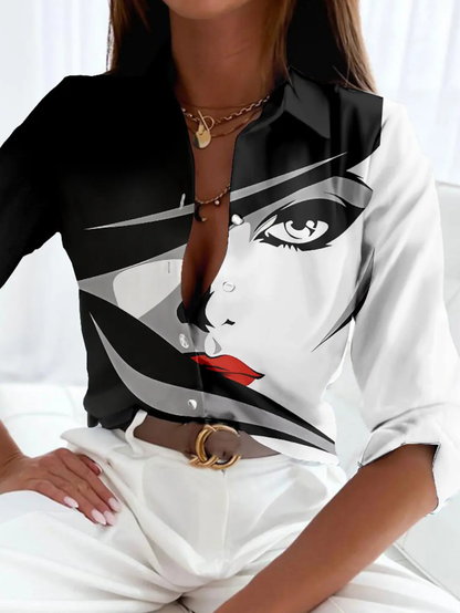 Effortless Colorblock Print Blouse for Women with Collar Elbow Sleeve Button Front Relaxed Style