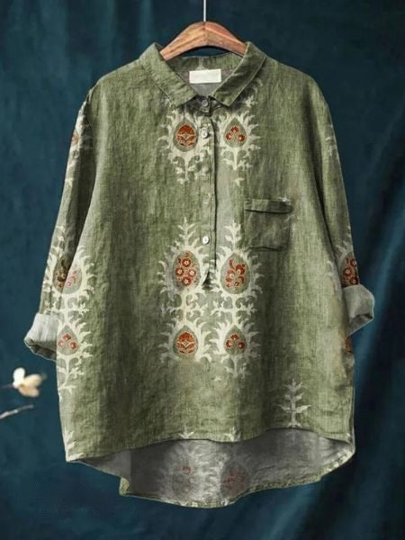 Effortless Floral Print Blouse for Women with Collar Long Sleeve Button Front Relaxed Curved Hem Style