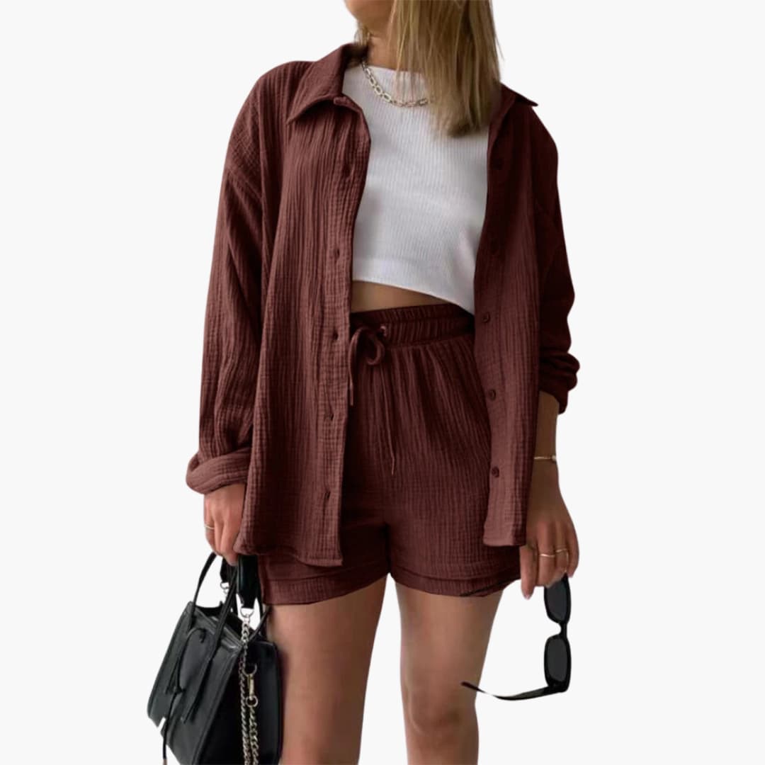 Effortless Textured Cotton Two Piece Set for Women with Collared Long Sleeve Button Front Drawstring Shorts Relaxed Style
