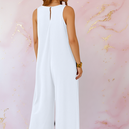 Effortless Wide Leg Jumpsuit for Women with V Neck Sleeveless Relaxed Pocket Casual Style