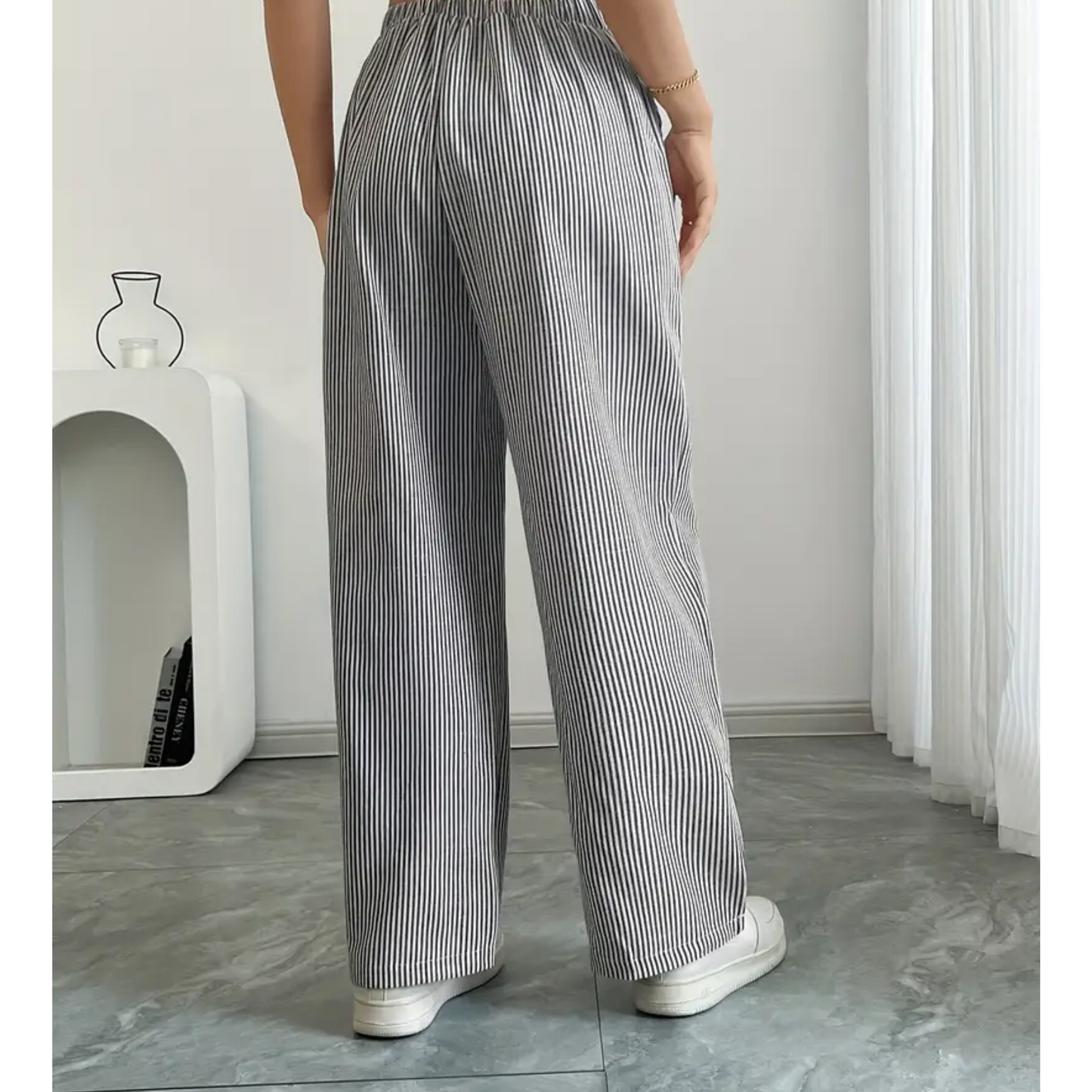 Effortless Striped Linen Wide Leg Pants for Women with High Waist Drawstring Relaxed Flowing Casual Style