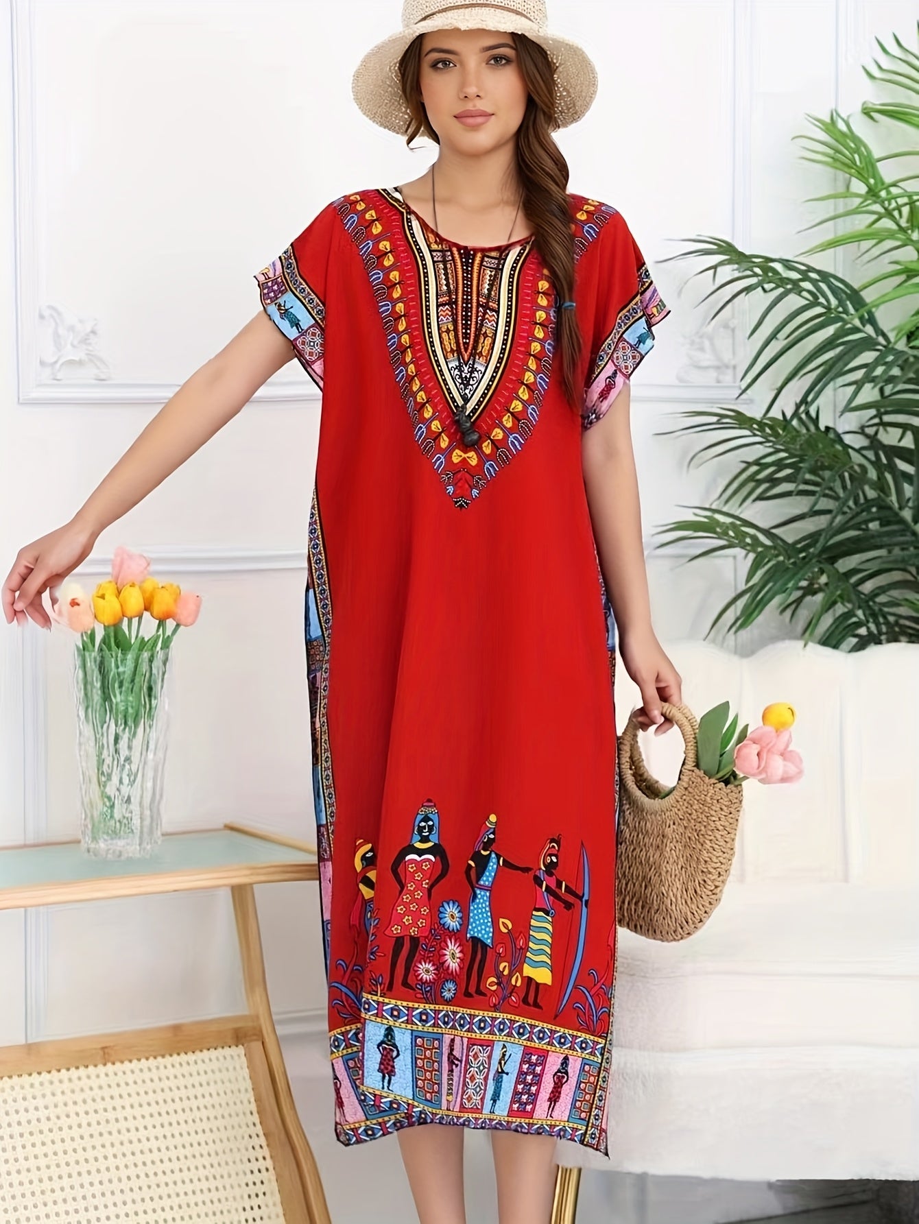 Effortless Tribal Print Kaftan Maxi Dress for Women with V Neck Short Sleeve Flowing Bohemian Style