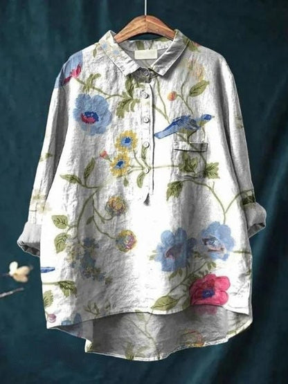 Effortless Floral Blouse for Women with Collar Long Sleeve Button Front High Low Hem Relaxed Style