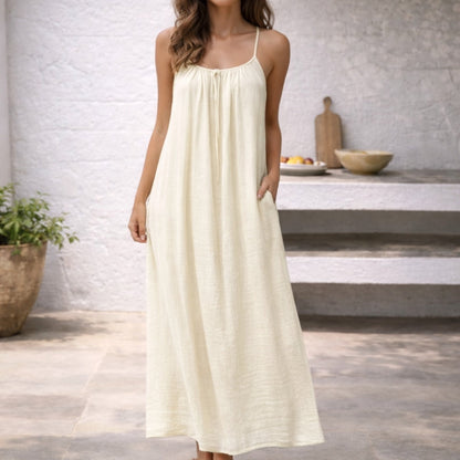 Effortless Linen Maxi Dress for Women with Scoop Neck Spaghetti Strap Flowing A Line Bohemian Style