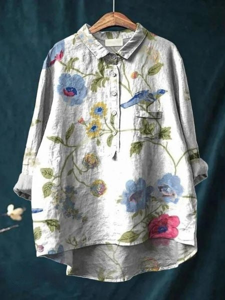 Effortless Floral Print Blouse for Women with Collar Long Sleeve Button Front Relaxed Curved Hem Style