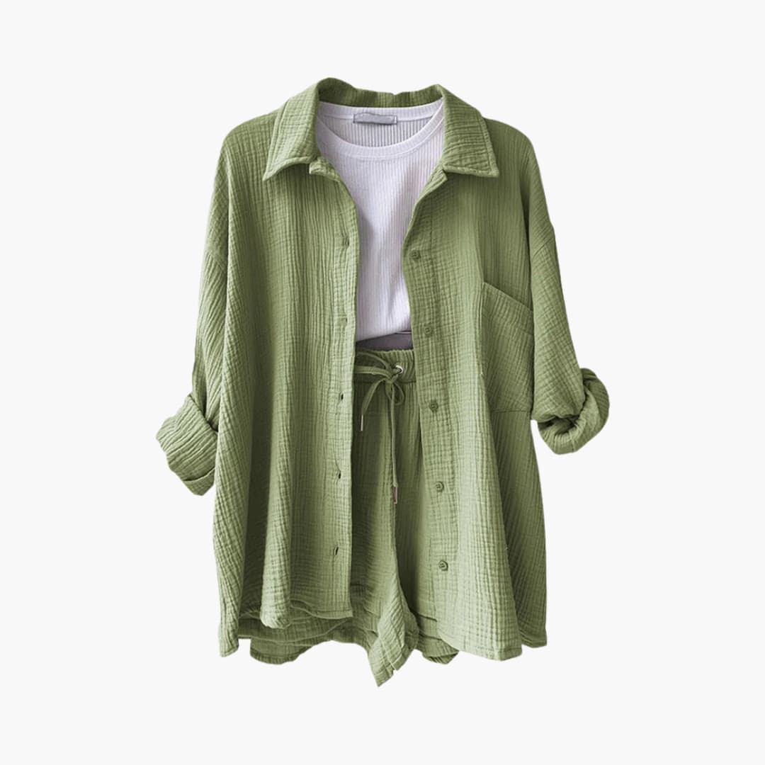 Effortless Textured Cotton Two Piece Set for Women with Collared Long Sleeve Button Front Drawstring Shorts Relaxed Style