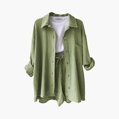 Effortless Textured Cotton Two Piece Set for Women with Collared Long Sleeve Button Front Drawstring Shorts Relaxed Style