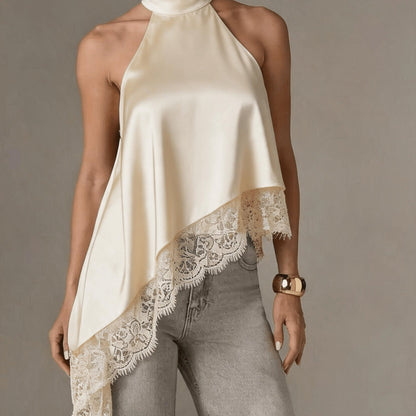 Elegant Satin Blouse for Women with Halter Neck Sleeveless Lace Trim Asymmetric Style