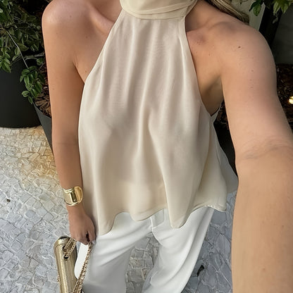 Effortless Silky Halter Top for Women with Mock Neck Sleeveless Handkerchief Hem Flowing Style