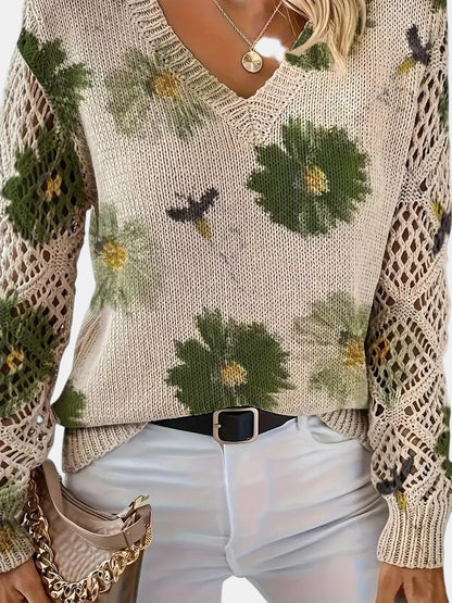 Comfortable Floral Crochet Sweater for Women with V Neck Long Sleeve Relaxed Oversized Knit Style