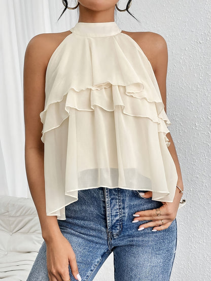 Elegant Beige Chiffon Blouse for Women with Halter Neck Tiered Ruffle Flowing Style