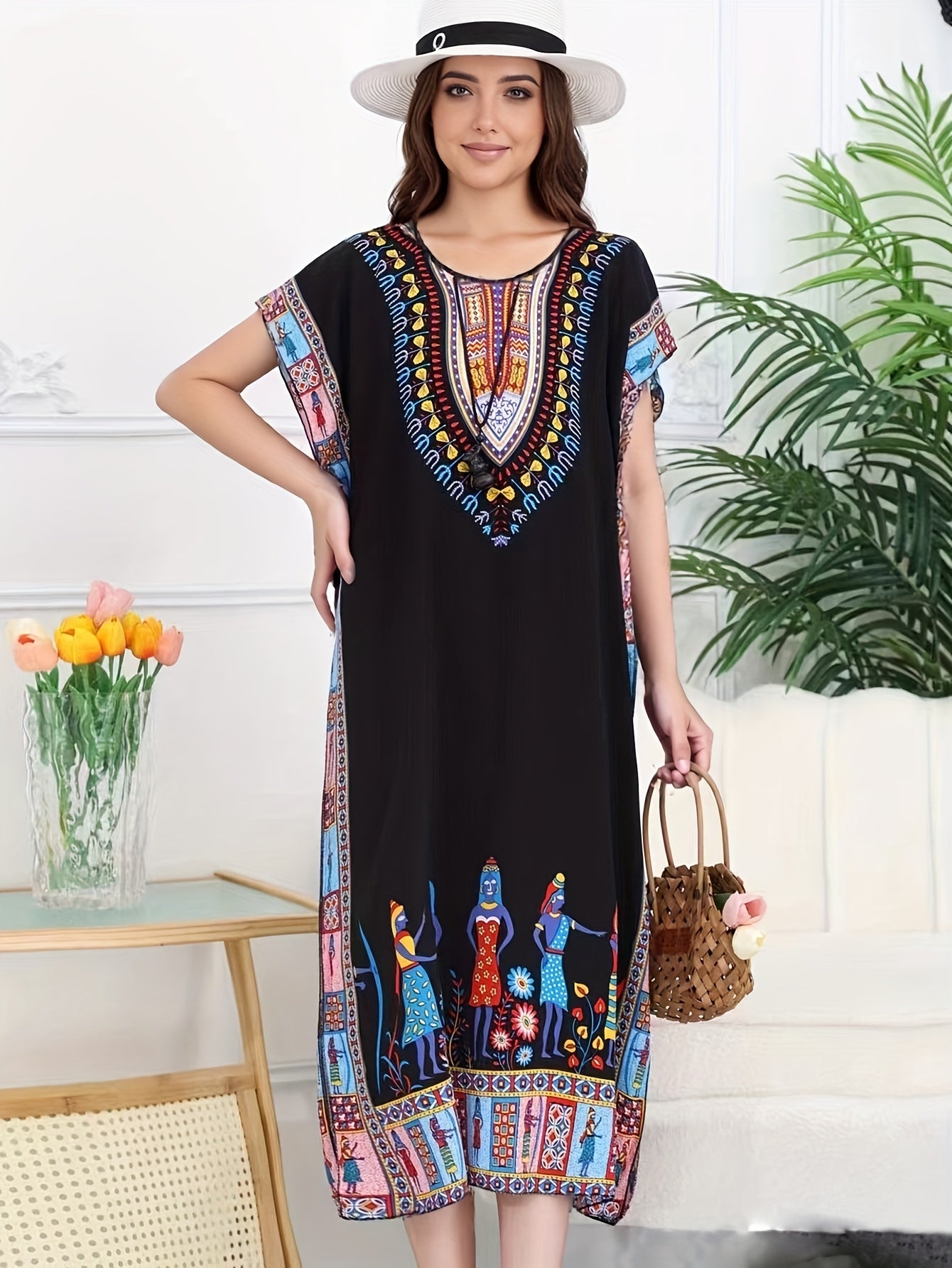 Effortless Tribal Print Kaftan Maxi Dress for Women with V Neck Short Sleeve Flowing Bohemian Style