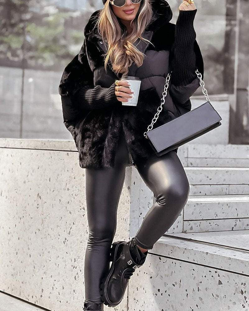 Effortless Faux Fur Puffer Jacket for Women with Hooded Long Sleeve Oversized Ribbed Cuff Casual Style