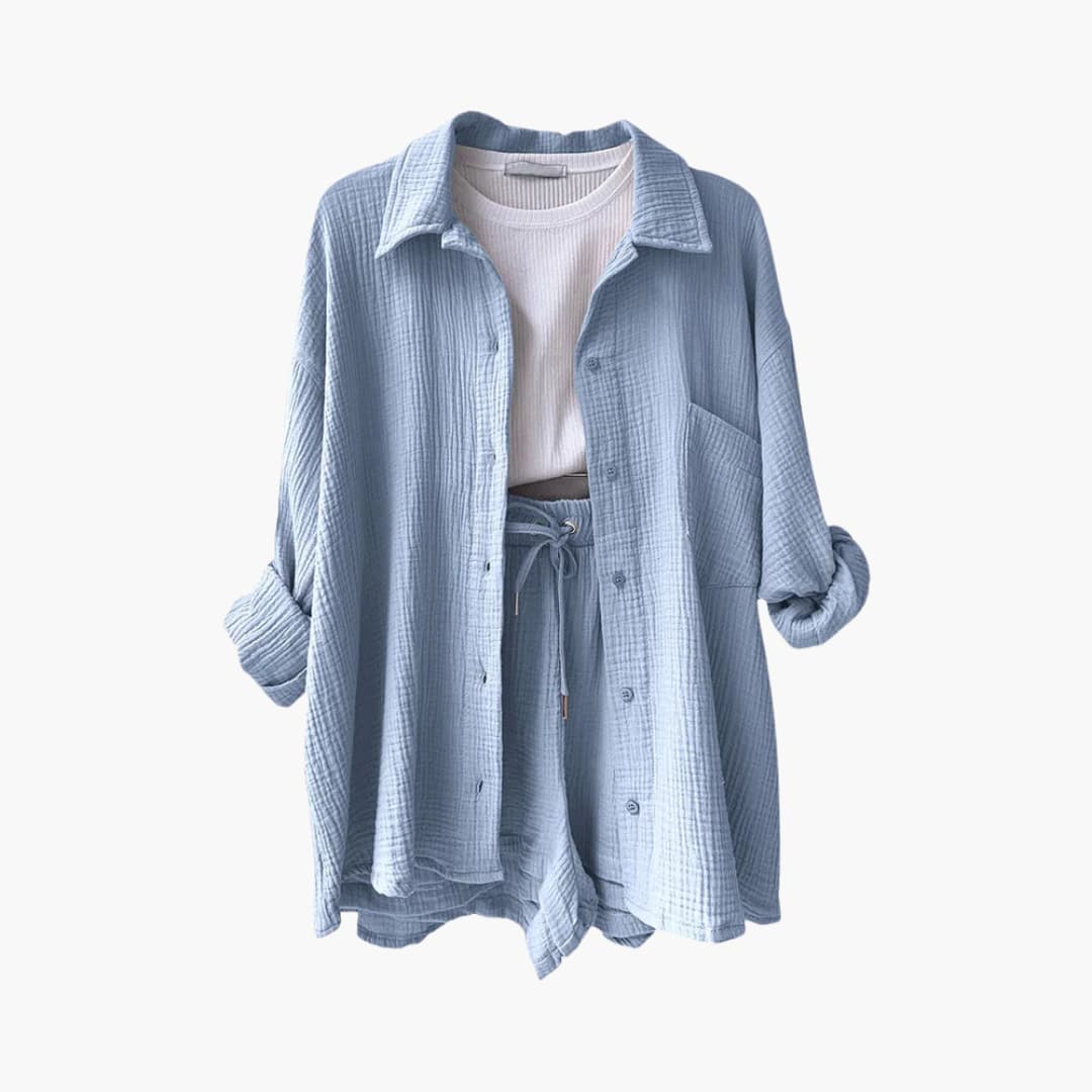 Effortless Textured Cotton Two Piece Set for Women with Collared Long Sleeve Button Front Drawstring Shorts Relaxed Style