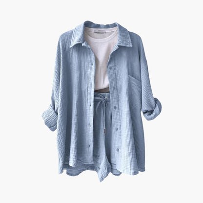 Effortless Textured Cotton Two Piece Set for Women with Collared Long Sleeve Button Front Drawstring Shorts Relaxed Style