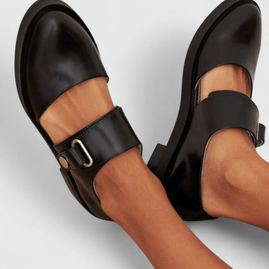 Elegant Black Leather Mary Jane Loafer for Women with Buckle Strap Round Toe Chunky Sole Casual Style