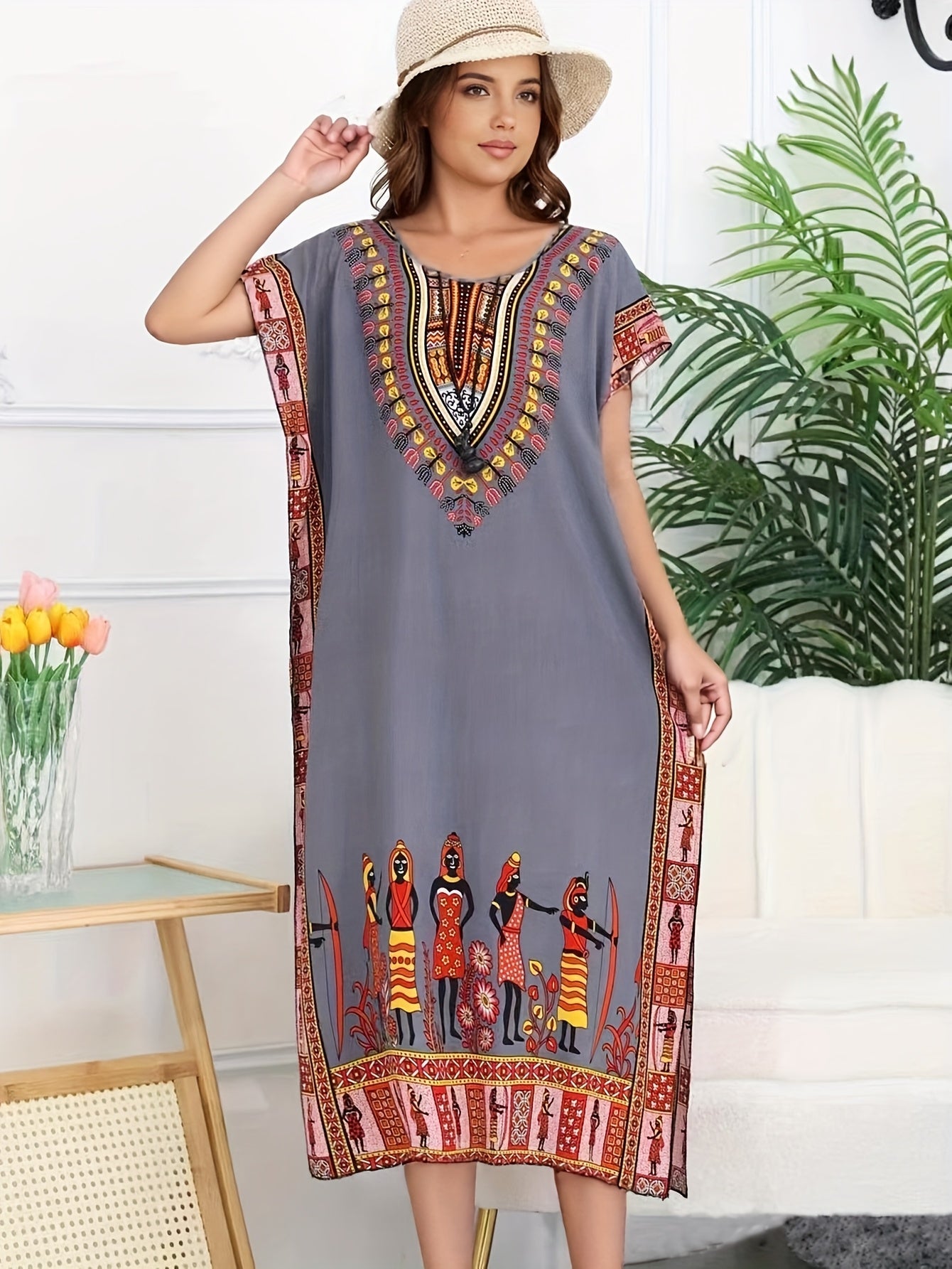 Effortless Tribal Print Kaftan Maxi Dress for Women with V Neck Short Sleeve Flowing Bohemian Style