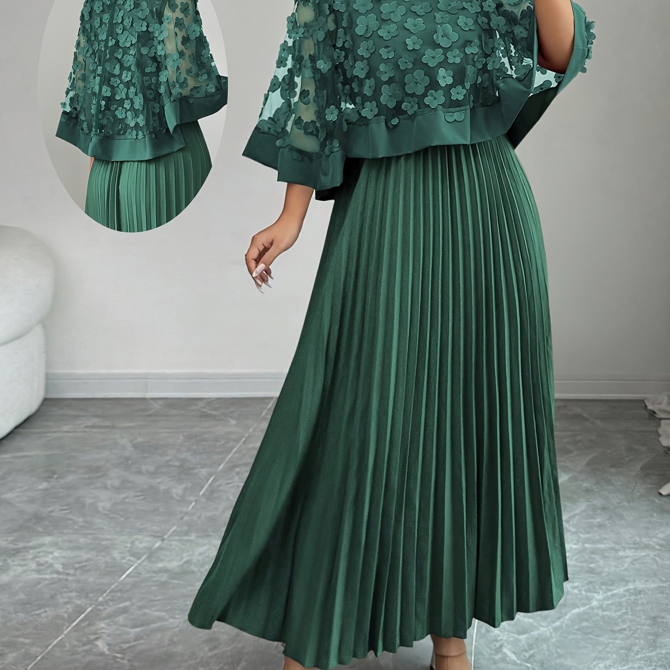 Elegant Floral Mesh Two Piece Set for Women with Round Neck Flutter Sleeve Pleated Maxi Skirt Formal Style
